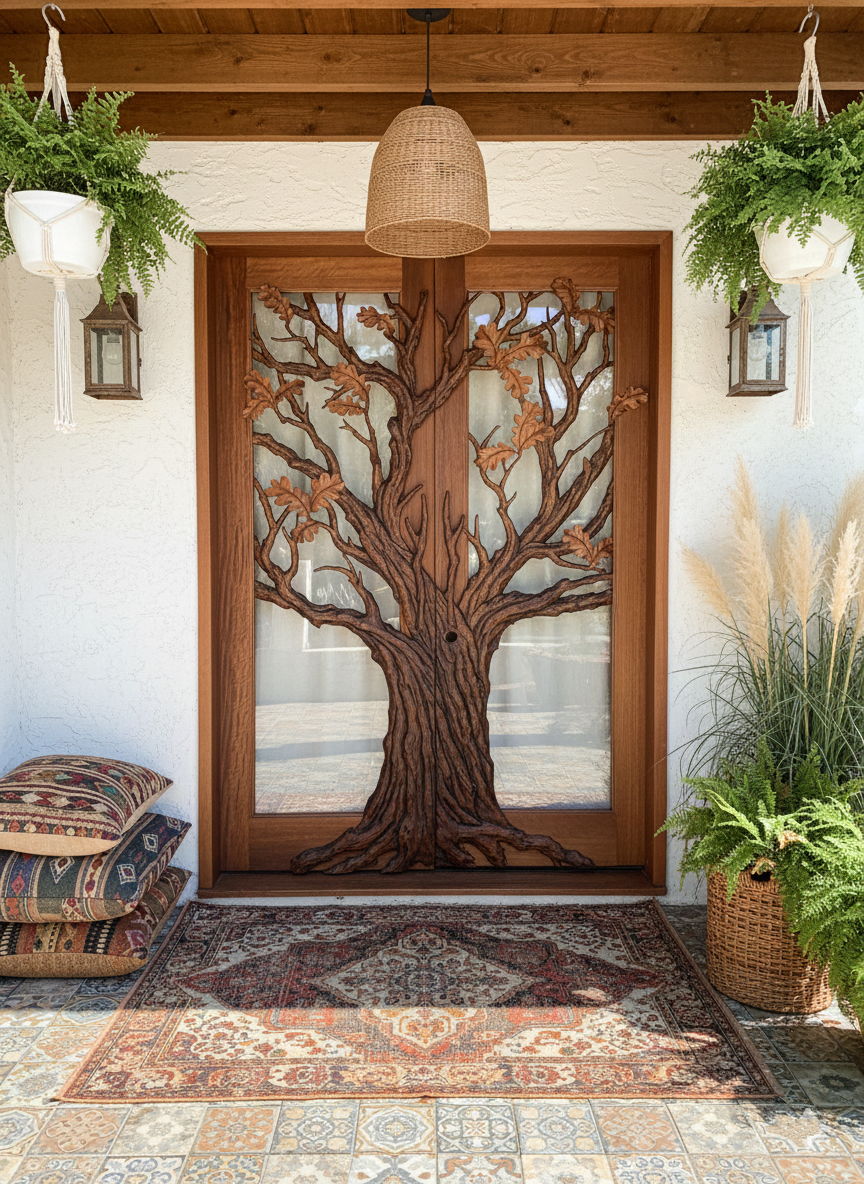 Hand-carved solid wood double entry door featuring an oak tree sculpture installed on a Bohemian style porch with macrame hanging planters, patterned rug, and warm wood ceiling.