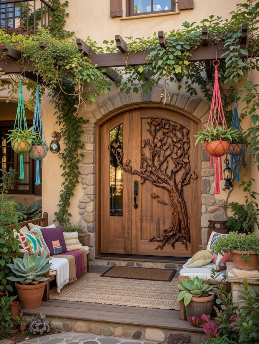Crown Custom Doors hand-carved solid wood double entry door featuring a deep relief arched tree branch carving with glass panel under a stone porch on a Bohemian style home.