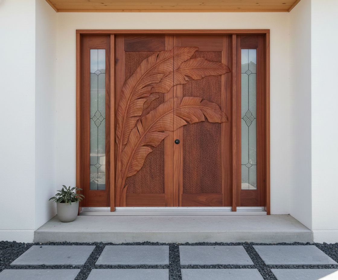 Crown Custom Doors hand-carved solid wood double entry doors featuring high-relief tropical palm frond carvings and leaded glass sidelights on a contemporary coastal home.