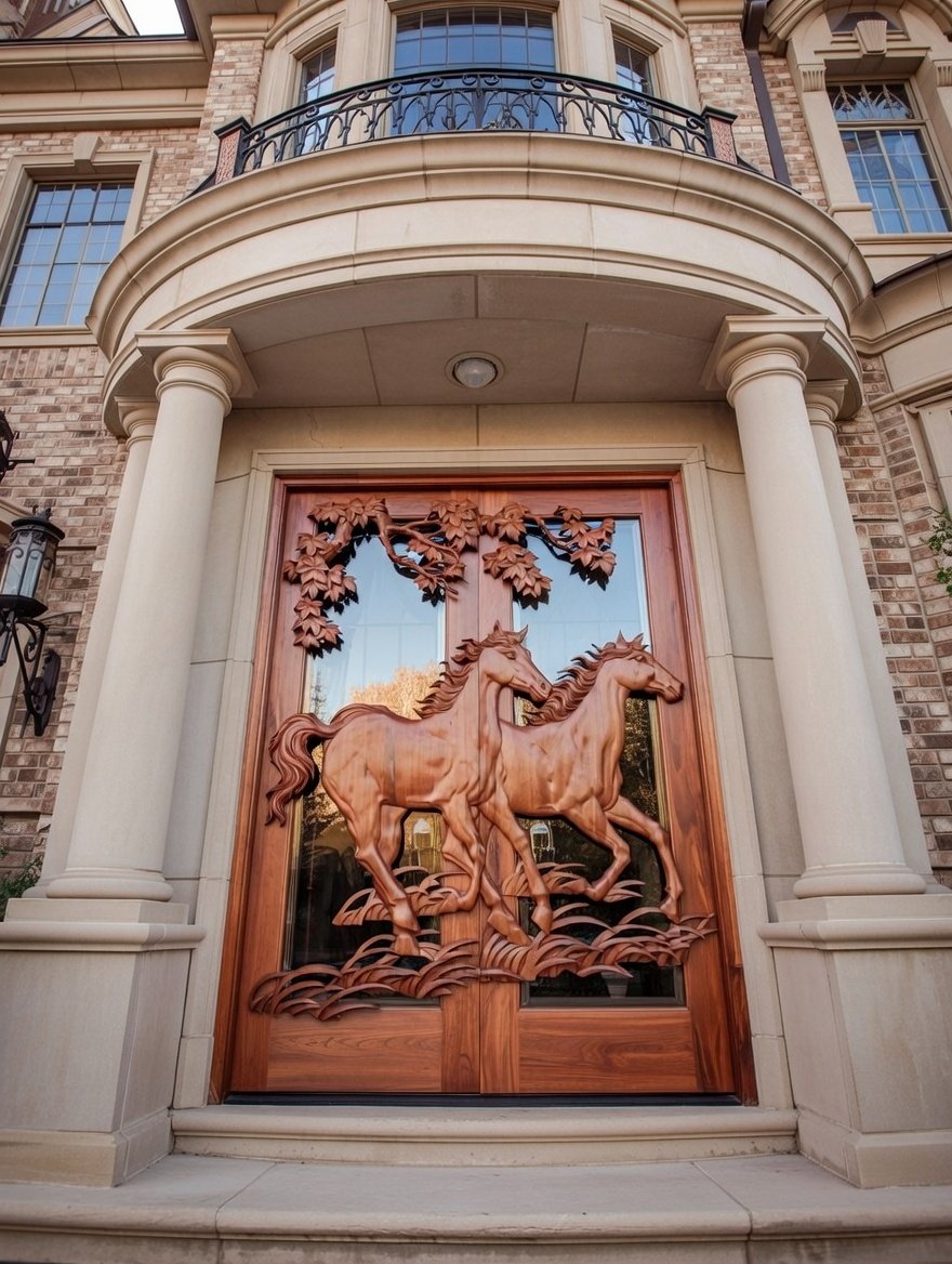 Luxury mansion entryway featuring a custom solid wood double door with glass panes and hand-carved galloping horses overlay.