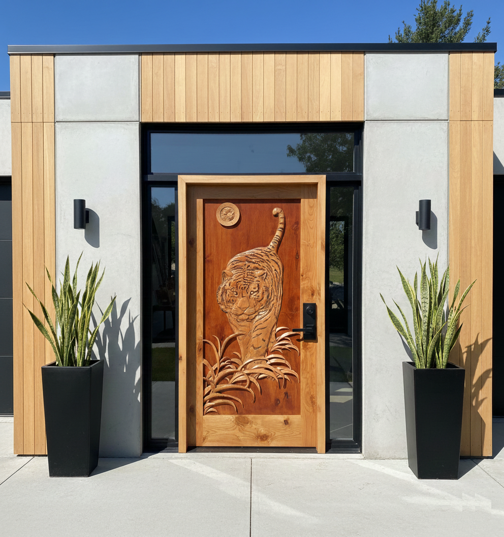 Custom handcrafted solid wood front entry door featuring a detailed 3D relief carved tiger installed on a modern contemporary home with glass sidelights, concrete walls, vertical wood cladding, and potted snake plants.