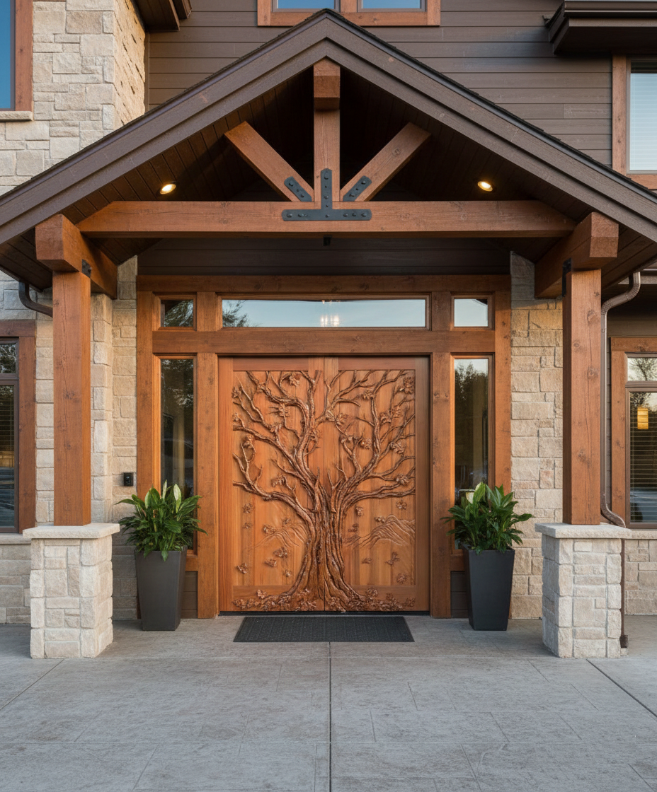 Grand entrance facade view of installed hand-carved solid wood double entry doors depicting a spreading tree motif, framed by glass sidelights, transom window, stone pillars, and timber portico on a luxury boutique hotel.